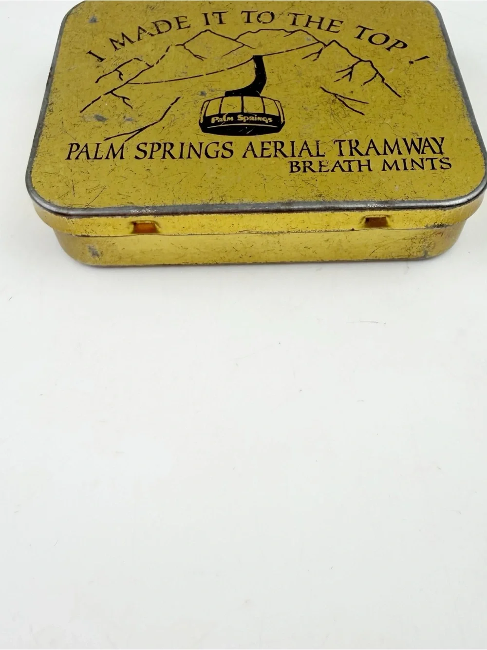 Vtg 70s Palm Springs Aerial Tramway Breath Mints Tin Souvenir Empty Gold CA